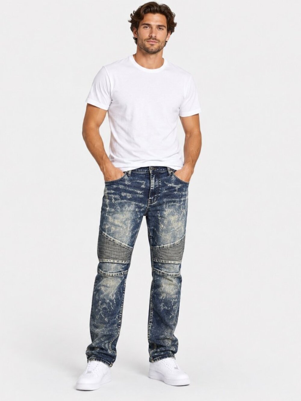 Robin's Jean Men's 38 Blue Acid Wash Moto Biker Jeans Ribbed Knee USA